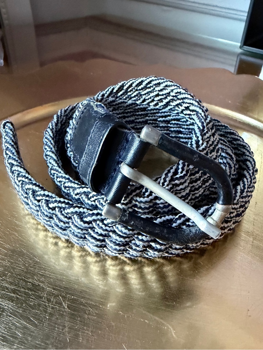 Neiman Marcus 39” Black & White Braided Belt w Dark Leather and Brass Hardware - Picture 2 of 11